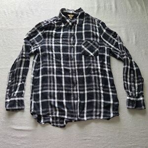 Woolrich Flannel Shirt Womens Medium Black White Plaid Roll Tab Sleeve Button Up